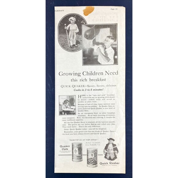Quaker Oats "Growing Children Need this Rich Breakfast" Vintage Print Ad 1925 - Picture 3 of 3
